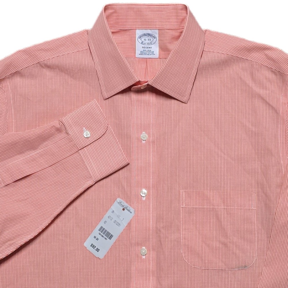 NWT Brooks Brothers Regent Button Up Shirt Mens L 16 - 33 Orange Check Supima